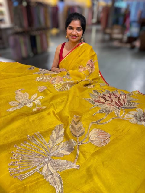 Mango Yellow Designer Organza with Tissue Applique Work