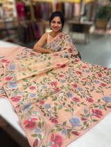 Peach Tissue georgette saree with allover jamdani inspired embroidery