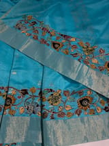 Teal Blue chanderi silk cotton saree with kalamkari applique border SS50529