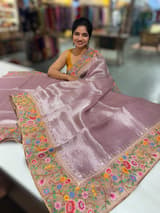 Lilac Tissue Stripes Saree with petite point Embroidered tissue border and blouse