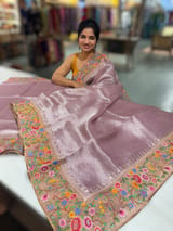 Lilac Tissue Stripes Saree with petite point Embroidered tissue border and blouse