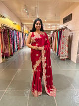 Red Pure Satin Saree with Heavy zardosi handwork