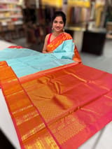 Sea Blue & Orangish pink combo  Vintage checks Kanjeevaram Saree SS50607