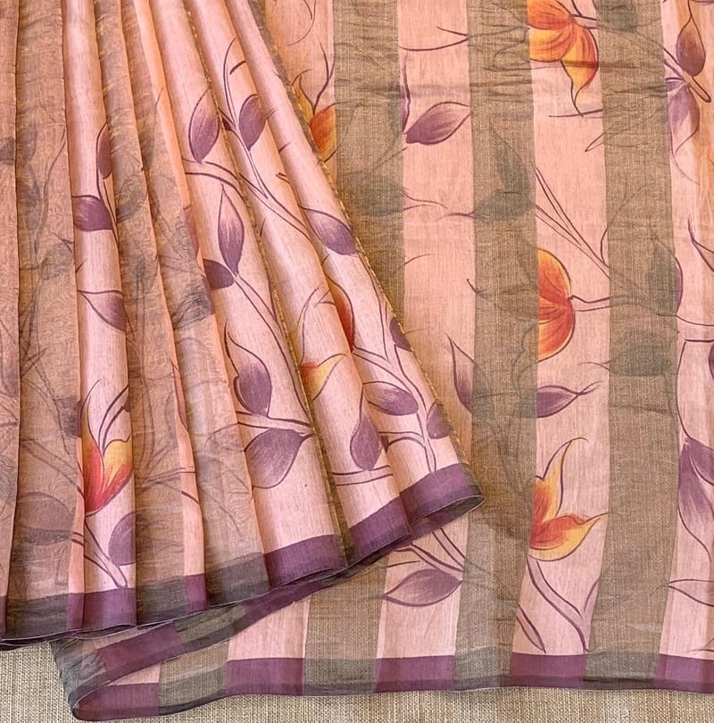Peach pink Mul silk tissue stripes handloom saree with handpainting
