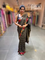 Black mysore silk with embroidered border S62F060
