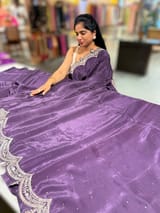 Plum crepe silk saree with scalloped pita border SS50536
