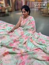 Seagreen printed georgette saree with handwork : S62F201