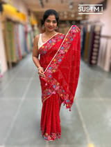 Bright Red Pure Gajji Silk Rai bandhej Saree with petite point embroidery