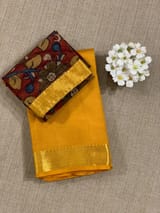Mustard vintage Kanchipuram silk saree with pen kalamkari blouse SS50177