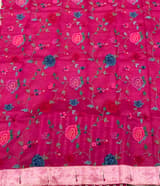 Beetroot Pink Mul tissue stripes saree with fusion blouse : D62138