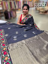 Black mysore silk with embroidered border S62F115