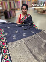 Black mysore silk with embroidered border S62F115