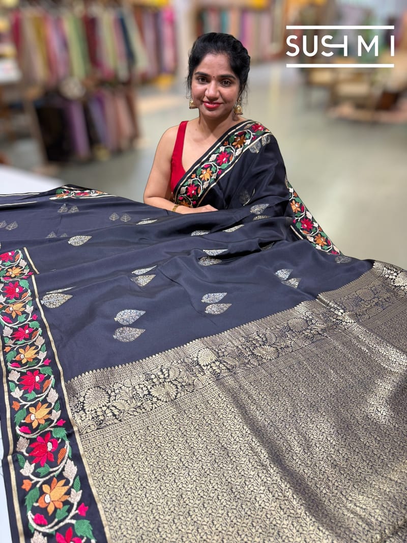 Black mysore silk with embroidered border S62F115