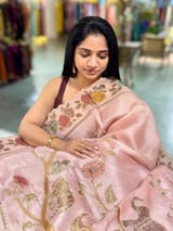 Nude Pink Pure Organza Applique Work Saree