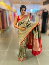 Bottle Green Banarasi katan Tonchoi weaving Saree with red Mashru borders