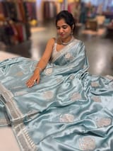 Dusty Blue Pure Satin Saree with Embroidery. SS5030