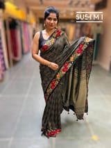 Black mysore silk with embroidered border S62F060