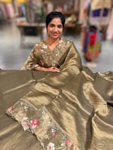 Mehendi Pure Tissue Saree with embroidered border