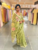 Light Olive Green Tissue Georgette Saree with petite point emb SS50112