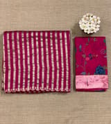 Beetroot Pink Mul tissue stripes saree with fusion blouse : D62138