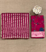 Beetroot Pink Mul tissue stripes saree with fusion blouse : D62138