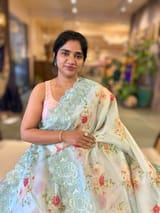 SeaBlue Printed Organza Saree With Chantilly Lace Style Embroidered Border SS50318