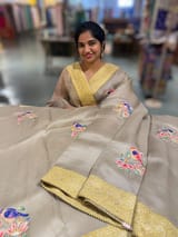 Earthy Tone Pure Organza Saree with banarasi pitawork border and bird applique motifs allover the saree SS50302
