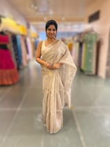 Silverish Tone Pure Organza Saree With Embroidered Motifs & Tussar Printed Blouse SS50300