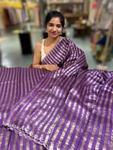 Brinjal Handloom Mul Tissue Stripes Saree with fusion blouse SS50410