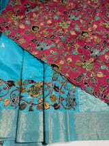 Teal Blue chanderi silk cotton saree with kalamkari applique border SS50529
