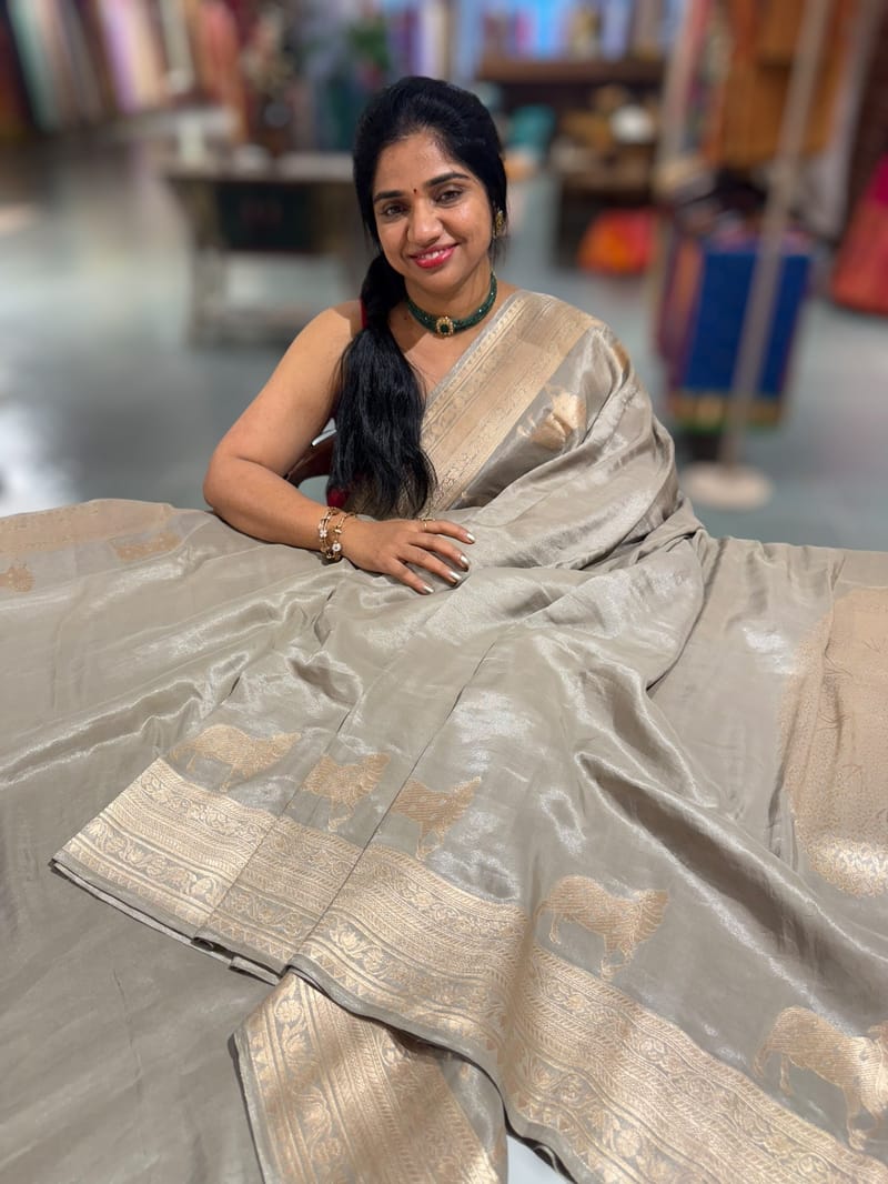Olive Designer Banarasi Munga Tissue Saree with pichwai weaving