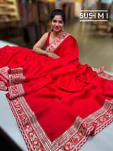 Bright Chilli Red Satin Saree with sabyasachi borders : D62F052
