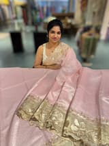 Pastel pink Mul Tissue Stripes Saree With Tissue Cutwork  Border & Blouse