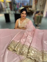 Pastel pink Mul Tissue Stripes Saree With Tissue Cutwork  Border & Blouse