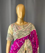Majenta Ikkath patola saree with madhubani hand painting