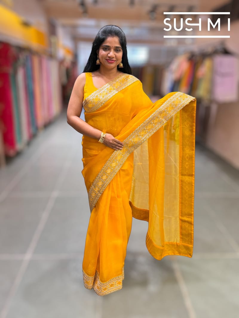 Marygold Yellow pure Organza with sabhya borders : S62F144