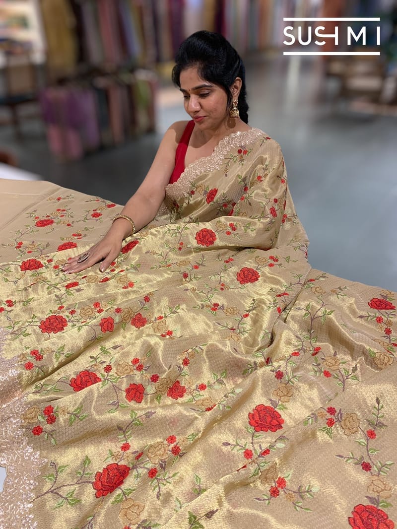 Muted Gold Designer Banarasi Brocade Tissue Saree S62114