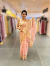 Pastel Pink Mul Tissue Stripes Saree With Tissue Cutwork  Border & Blouse