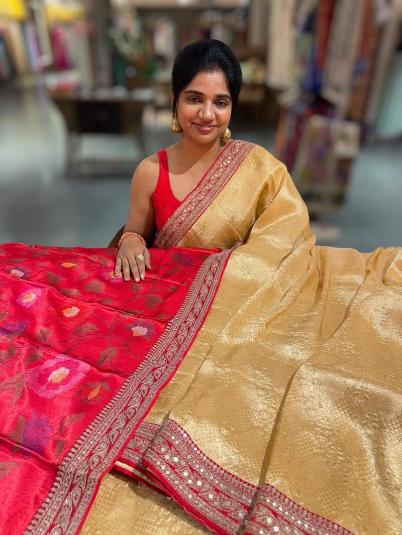 Peach & Reddish Pink Combo Banarasi Tissue Brocade saree SS50216