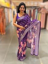 Brinjal georgette sequence saree with statement floral print SS5049