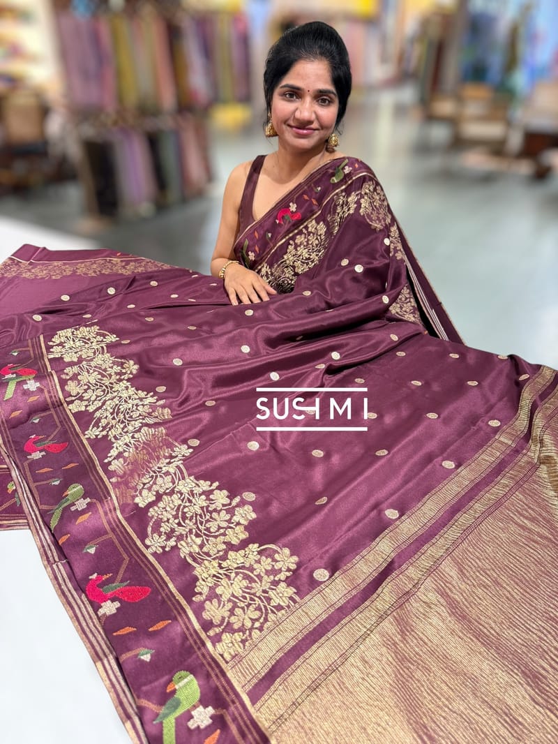 Winish Brown Mysore silk saree with pythani embroidered border : D62F006