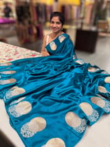 Teal Blue Pure Satin Saree with embroidered border and blouse