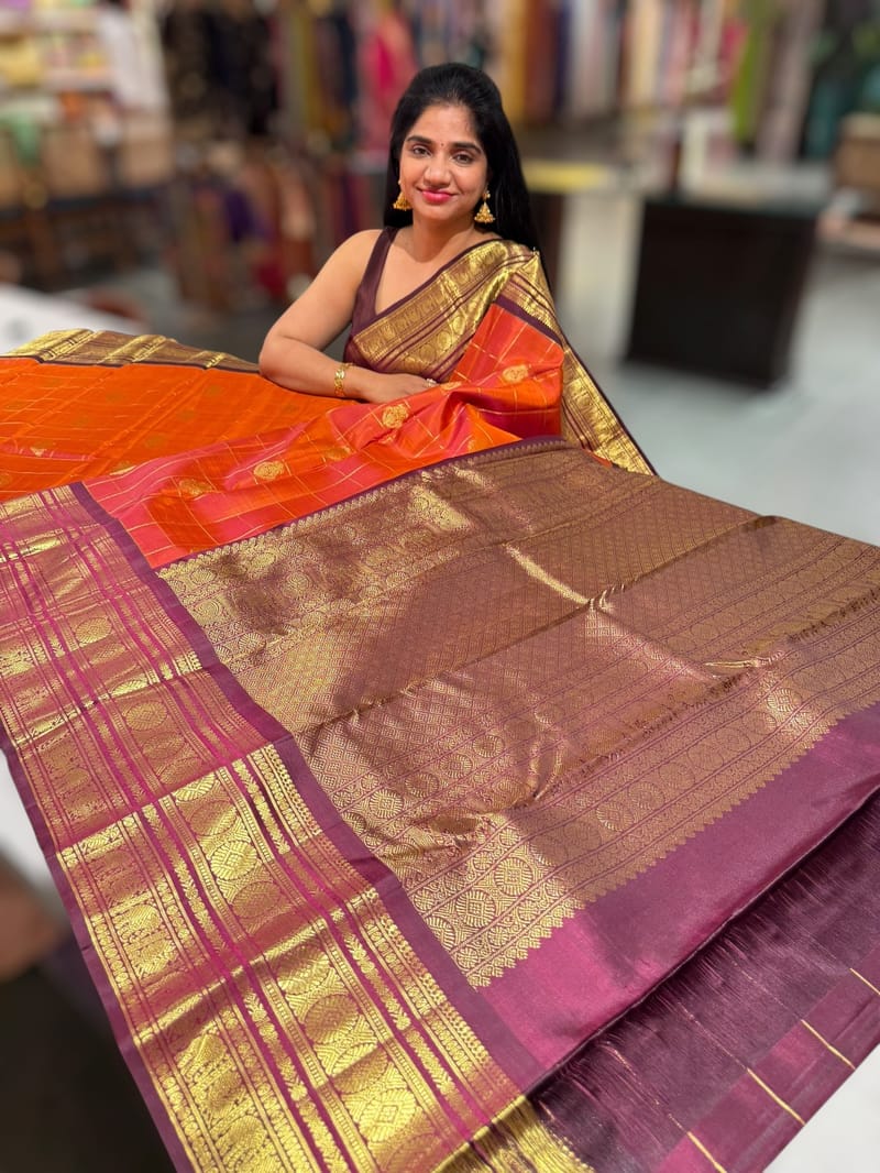 Rust Orange & winish Brown Combo Vintage Checks Kanjeevaram Saree