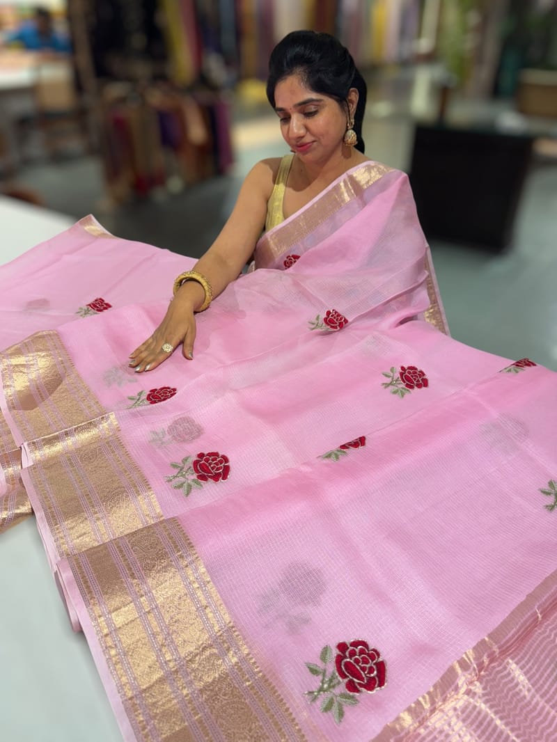 Lotus Pink Silk  Kota Saree with embroidery