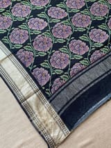 Black Pure Handloom Chiniya Silk Saree with stunning Floral Print and zari borders SS50100
