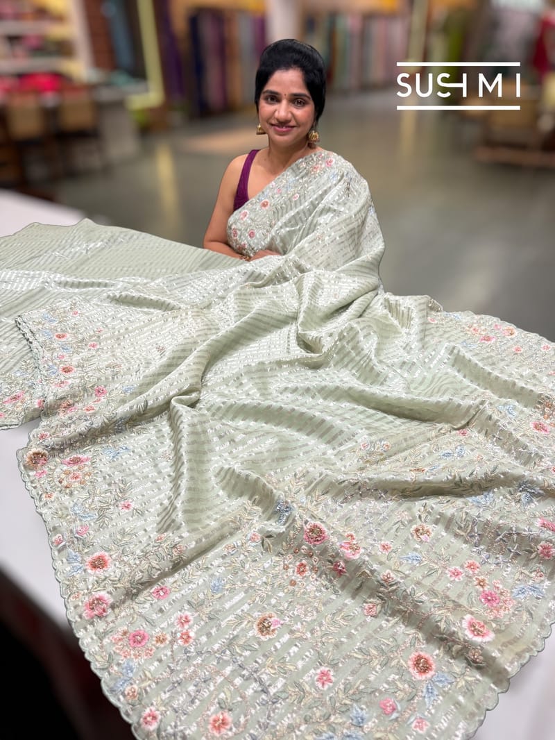 Mint mul tissue Saree with handcrafted floral border