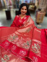 Red Premium Handloom Designer Tissue saree with exquisite embroidery