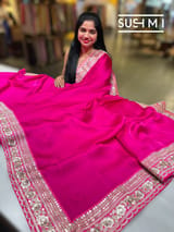 Fuschia Pink Satin Saree with sabyasachi borders : D62F047