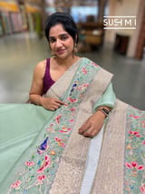 Mint Organza Banarasi Fusion Saree with Bird Appliqué