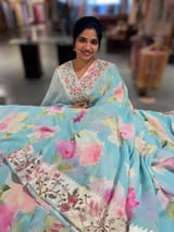Pastel Blue  Printed georgette Saree With Tissue Embroidered Border SS5054